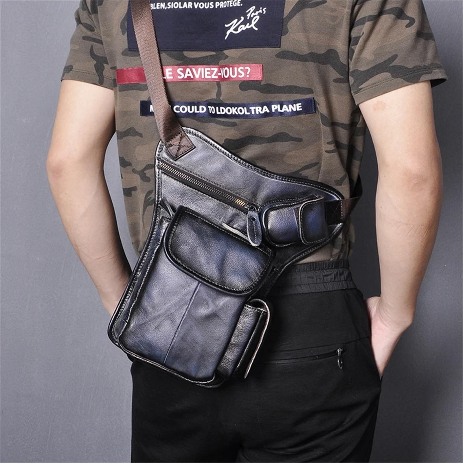 Bolsa Pierna Moto Leather Design Men Vintage Small Belt Messenger Bag Waist Pack Drop Leg Pouch(Black)