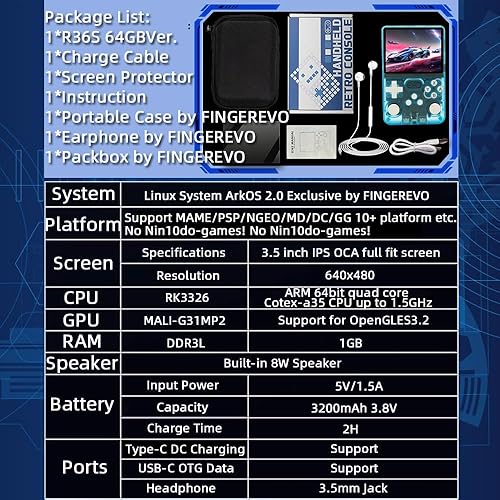 Miniatura 7 de R36S Consola de juegos portátil 3.5 en 640* 480 IPS OCA pantalla 3200mAh sistema de código abierto RK3326 azul transparente