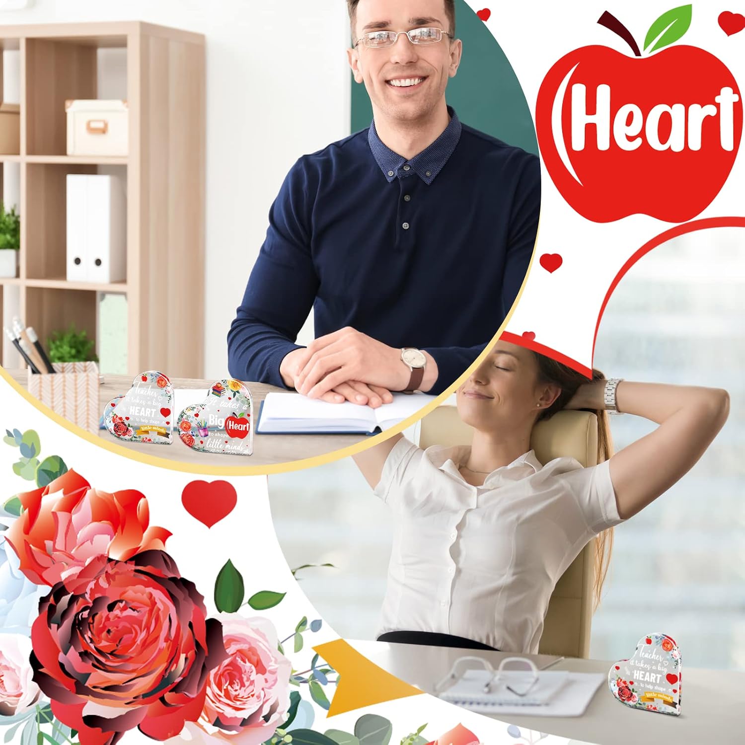 Yookeer 2 Pcs Teacher Appreciation Gifts End of Year Teachers Gifts Acrylic Heart Shaped Plaque Teacher Paperweight Keepsake for Women Men Office Classroom Desk Decor(Flower)