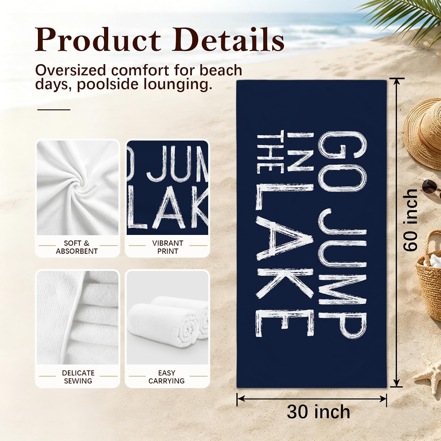 Lake House Beach Sand Towel, Navy Blue Summer Lakes House Life Decor Quick Dry Beach Towels Gifts for Women Kids Travel, Go Jump in the Lake Decor Bath Pool Towels for Bathroom, 30x60 Inch