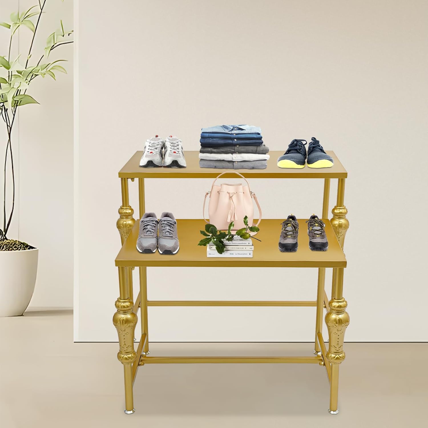 Nesting Tables Metal Shoe Handbag Display Stand, 2 Set Boutique Retail Display Tables, Retro Standing Display Riser Shelf for Retail Stores (Gold)