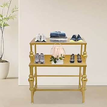 Industrial Display Tables,Set of 2 Standing Display Table, Height Adjustable Metal Nesting Tables Display Stand, Retro Style Boutique Display Shelves for Retail Store, Clothing Store, Gold