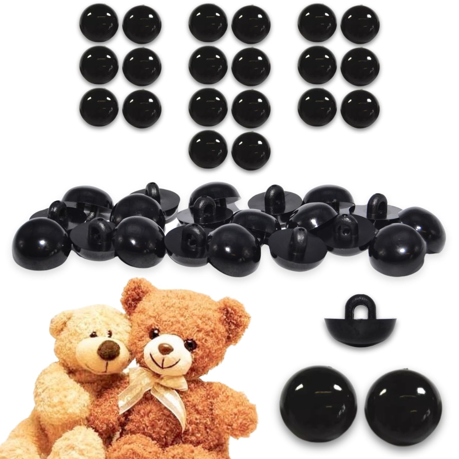 celloexpress 15mm Black Sew On Eyes - 10 Pairs - Half Round Button Eyes for Teddy Bear Animal Soft Toy Making