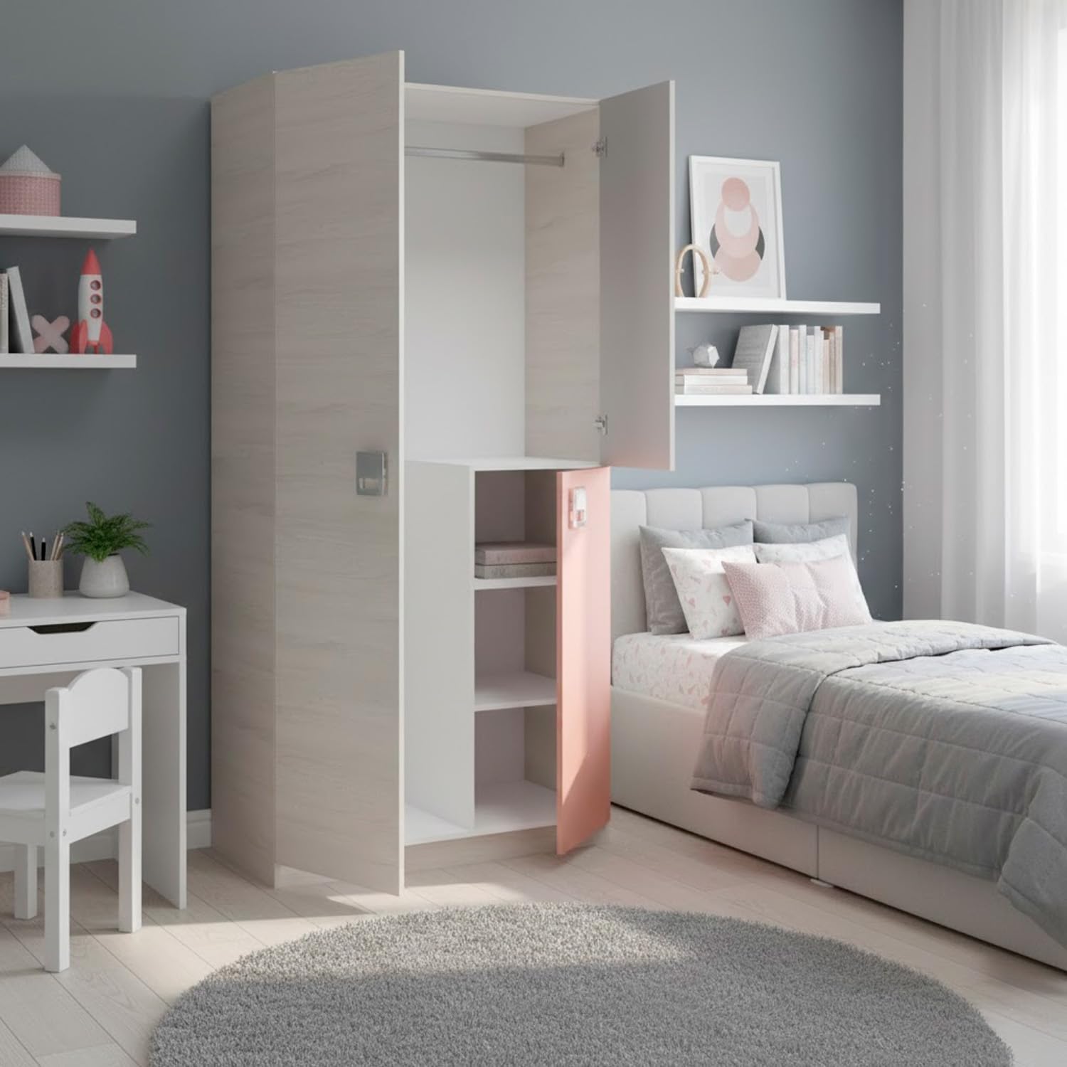 Bricozone Armadio Cameretta Ragazzi 3 Ante 200x90x52 Cm Con Barra Appendiabiti In Alluminio E 3 Ripiani Interni Bianco Alpi Grigio E Rosa Design Moderno Salvaspazio Con Maniglie ABS