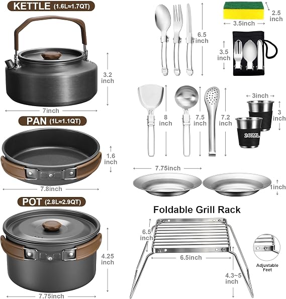 18Pcs Camping Cookware Mess Kit, Joyfair 7.8 Nonstick Camp Cooking Utensil Set (Pot, Pan, Kettle, Grill Grate), Outdoor Backpacking Gear Open Fire Essentials Accessories, Compact/Portable/Lightweight