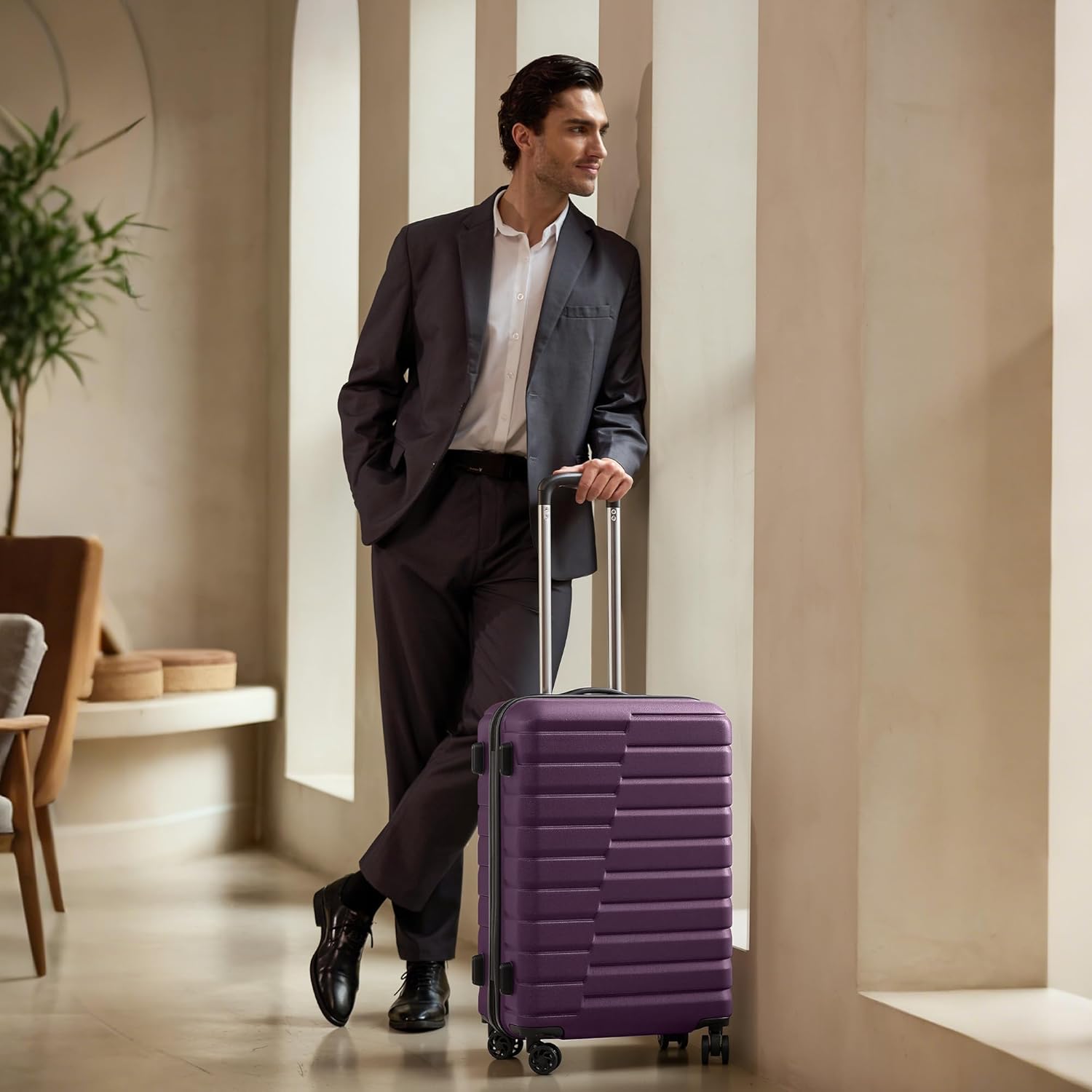 Coolife Medium Luggage Hardside Carry On with Spinner Wheels TSA Lock Telescopic Handle 24inch-Purple