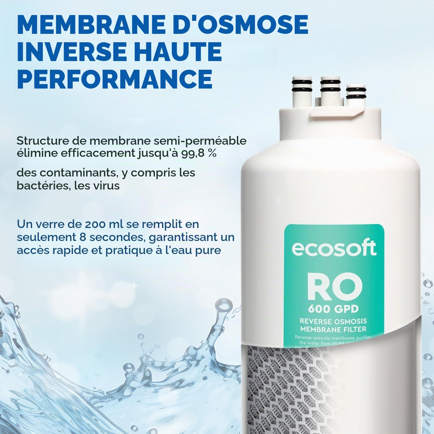 Ecosoft Membrane 600 GPD pour CROSS 90 - Filtre de remplacement pour osmose inverse - Élimine 99,8 Purcent des impuretés - Installation simple - Remplacement tous les 24 mois