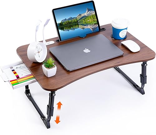 Miniatura 9 de BYMECOST Escritorio para laptop para cama, Mesa de cama para laptop con altura ajustable, Soporte de escritorio portátil plegable con USB/Cajón de