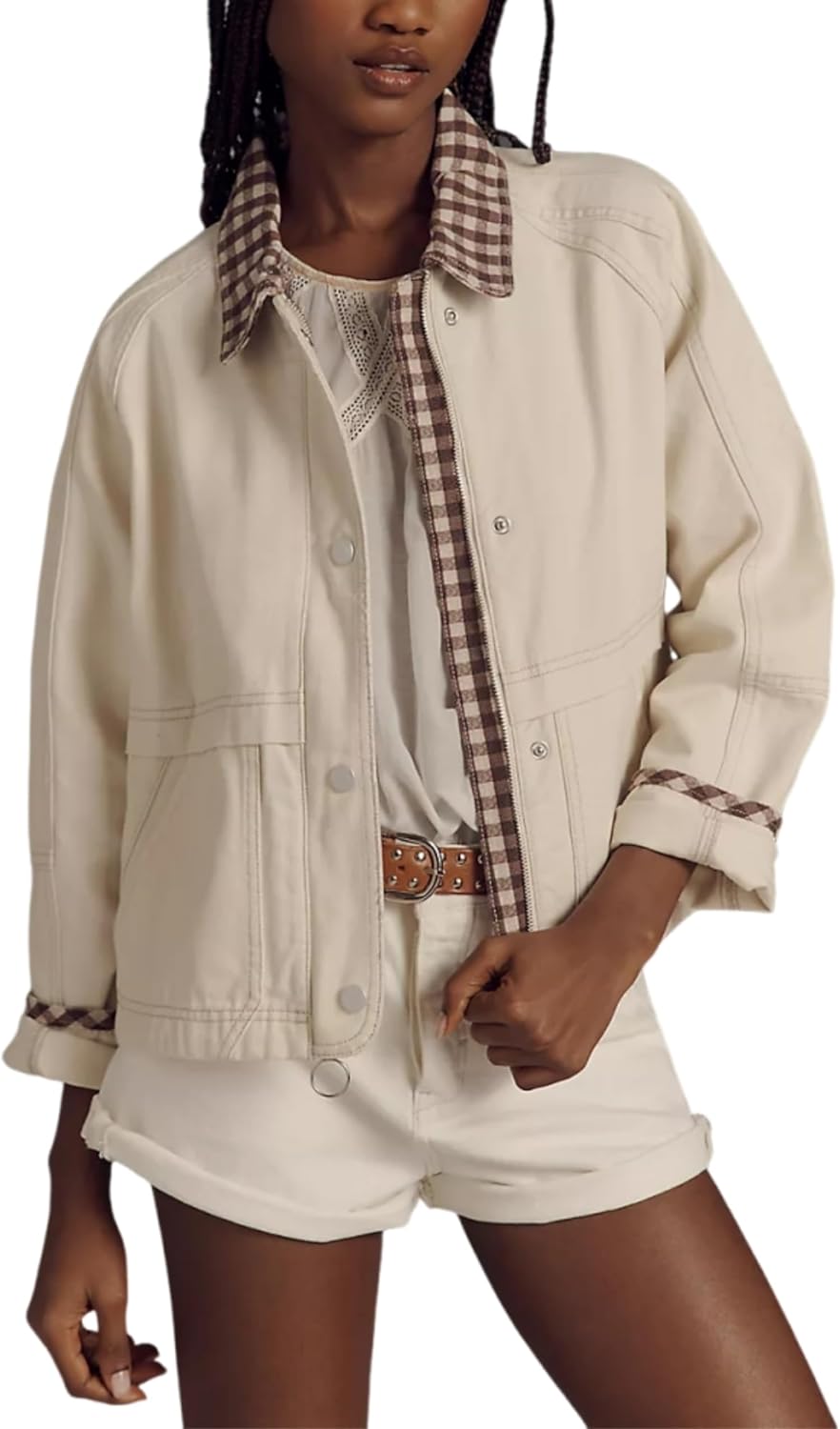 Aimiray Cropped Bomber Jacket Women Zip up Plaid Barn Jacket Casual Gingham Fall Coats with Pockets