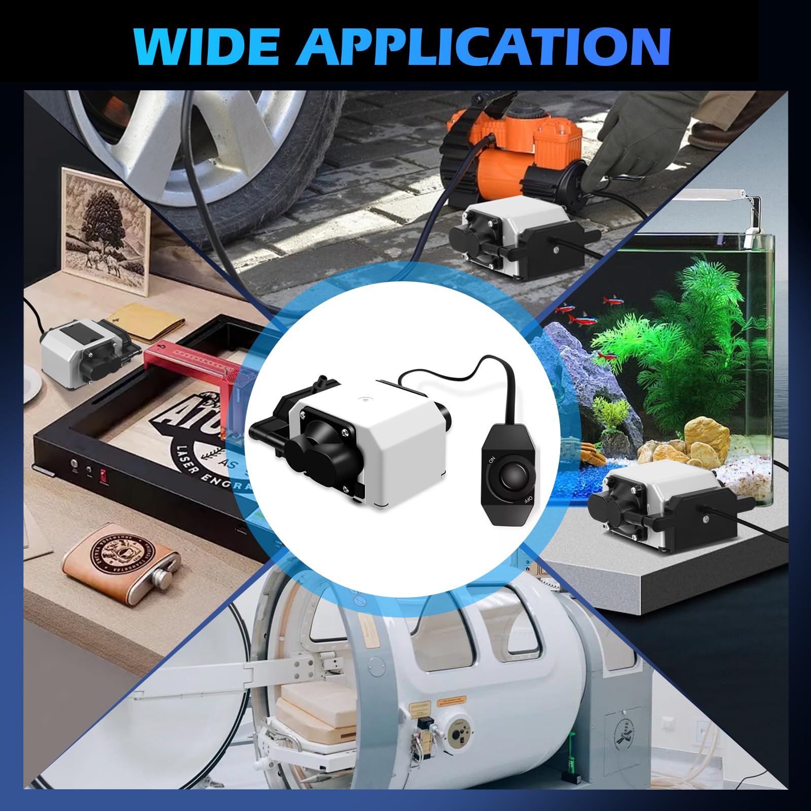 Aquarium Luftpumpe 3300L/H, 25W Aquarium Luftpumpe, 6 Ausgänge Teich Luftpumpe mit Stufenlos Einstellbarem Luftstrom, Leise Luftunterstützung für Lasergravierer, Luftpumpe für Aquarium/Laserschneider