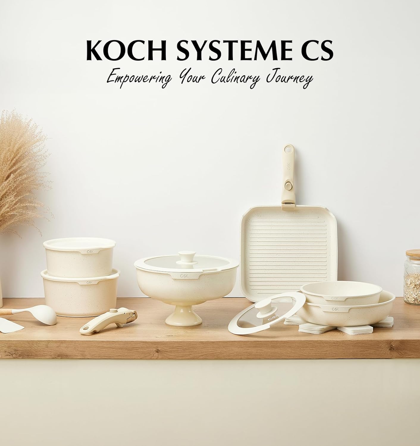 KOCH SYSTEME CS 18 PCS Pots and Pans Set, Nonstick Cookware Set Detachable Handle, Induction Kitchen Cookware Sets Non Stick with Removable Handle, RV cookware set, White