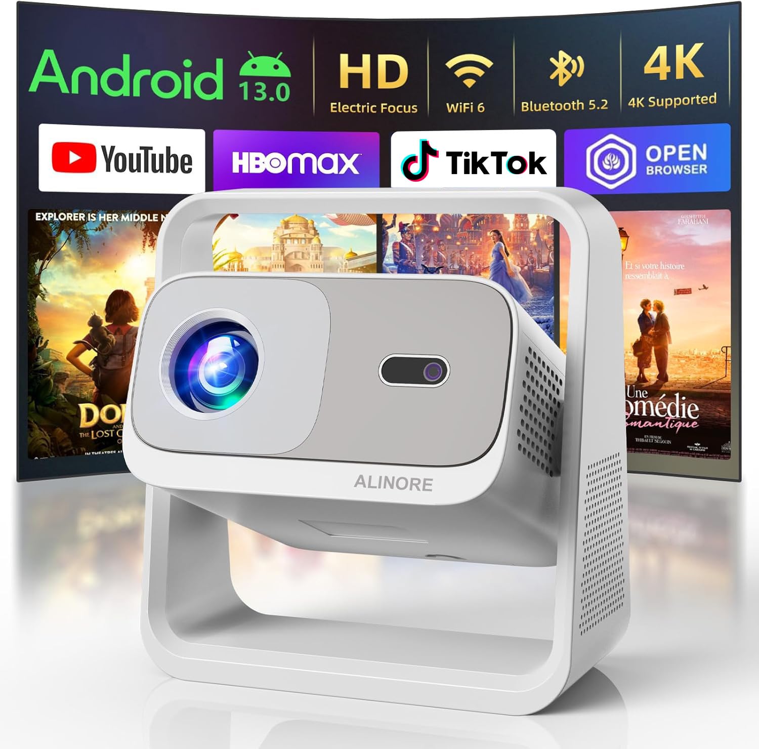 Proiettore intelligente con WiFi6 e Bluetooth5.2, 2000ANSI, app integrate, supporto 4K, proiettore di film all'aperto 1080P nativo, Keystone automatico e supporto a 360°, Proyector portatile per home