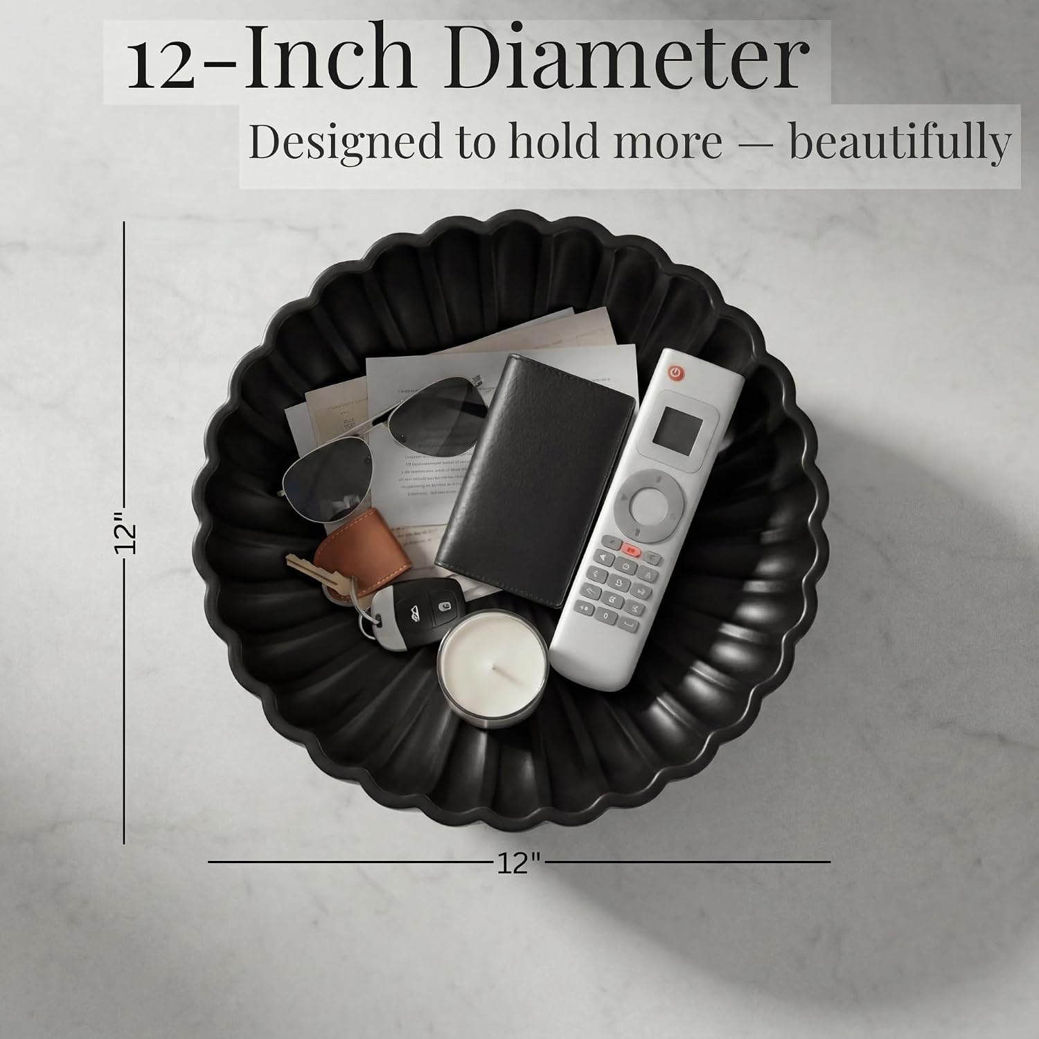 Large 12 Inch Fruit Bowl Handcrafted | Decorative Ceramic Bowl | Decorative Bowl for Keys & Entryway Decor | Modern Home Decor Centerpiece | Charcoal Black