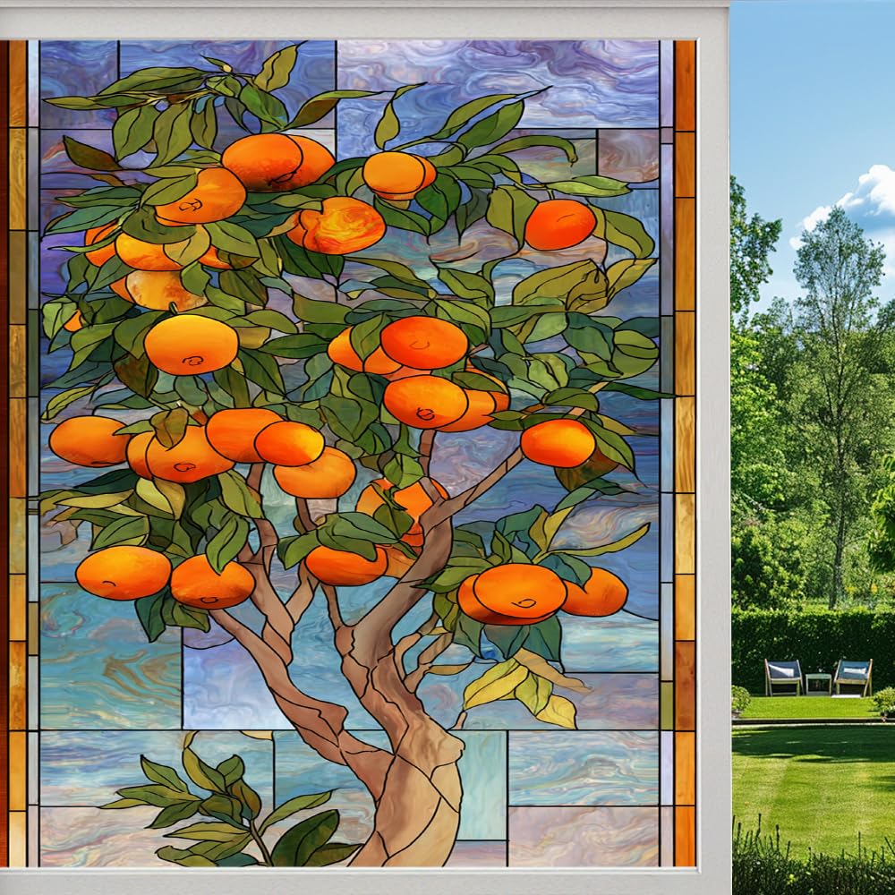 Pmlbaous Abstract Orange Tree Frosted Window Film, Colorful Fruit Branch Stained Glass Privacy Film, Heat Insulation Self-Adhesive Vinyl For Bathroom Office, （40X90cm）