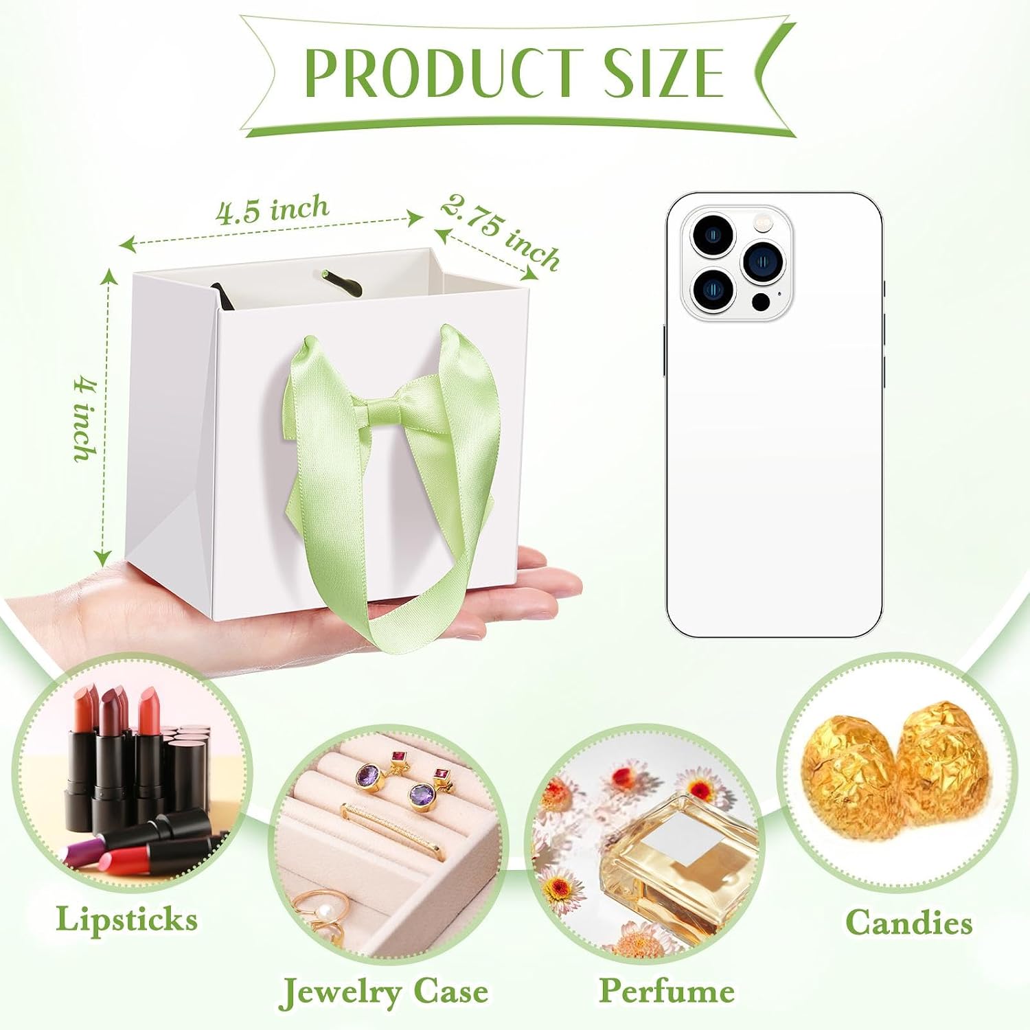 Kolldenn 50 Pcs Small White Gift Bags Bulk with Green Bow Ribbon Handles image 5