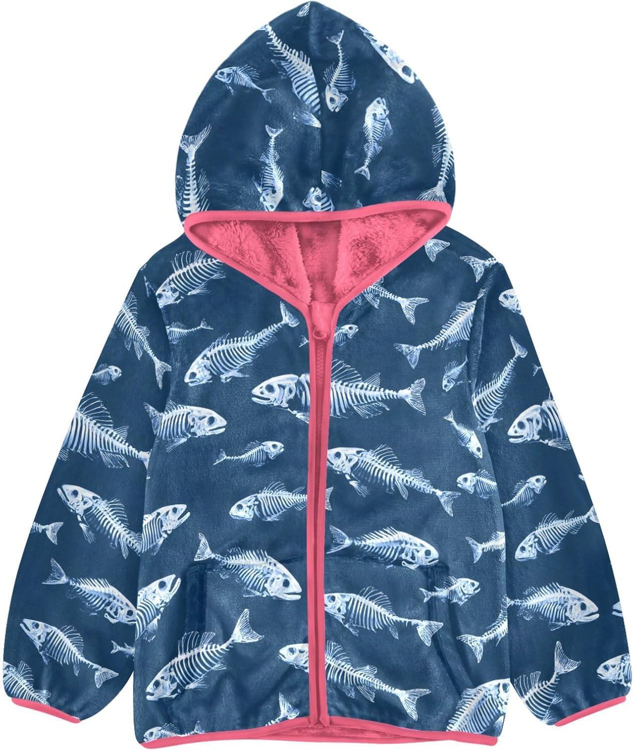 Girls Hoodie Outfit Fish Skeletons Their Bones Pattern Zipper Sweatshirt Coat Fleece Jacket for Kids 3-10T