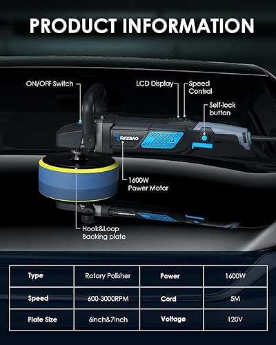 Miniatura 7 de RAYBAO Pulidora de búfer, pulidora rotativa de 1600 W, 7 pulgadas6 pulgadas, velocidad variable de 600-3000 RPM con lectura digital, mango