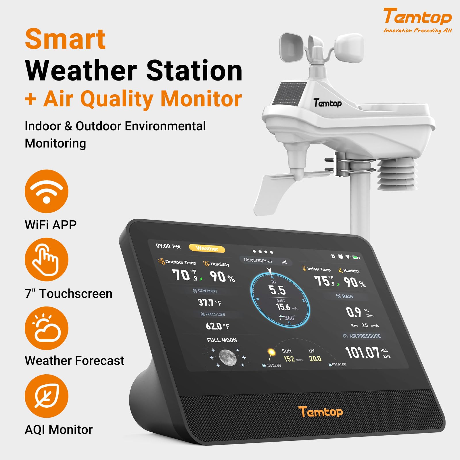 Temtop Stazione Meteo WiFi Interno/Esterno 7" Touchscreen W100, Monitor Qualità dell'Aria PM2,5 PM10 CO2 TVOC, Pluviometro, Velocità e Direzione del Vento, UV, Previsioni AQI