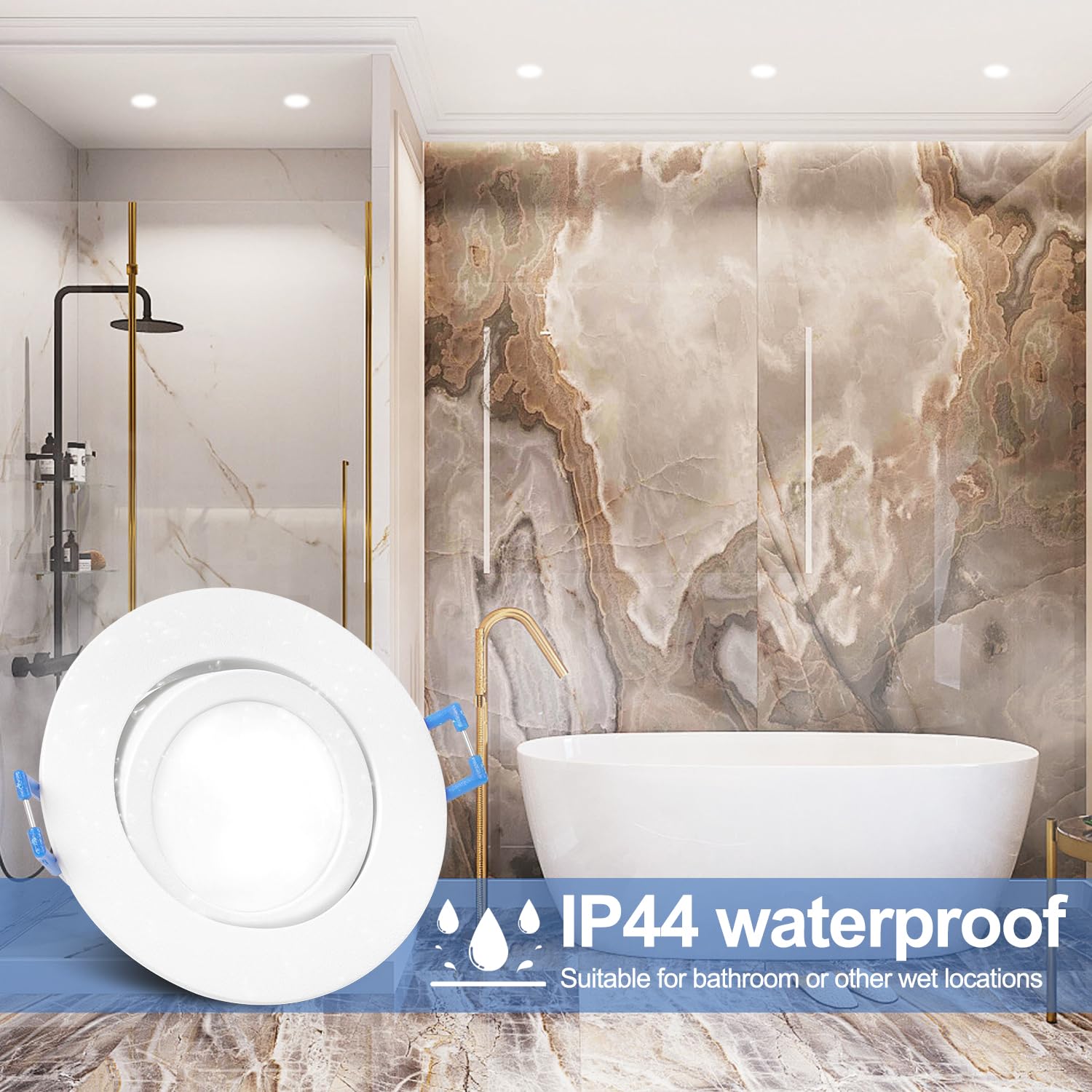 YindaLux Reflektor LED 5 W do zabudowy, płaski, 68 mm, IP44, 3000 K/4000 K/6500 K, oświetlenie punktowe do łazienki, możliwe ściemnianie, obracane sufitowe