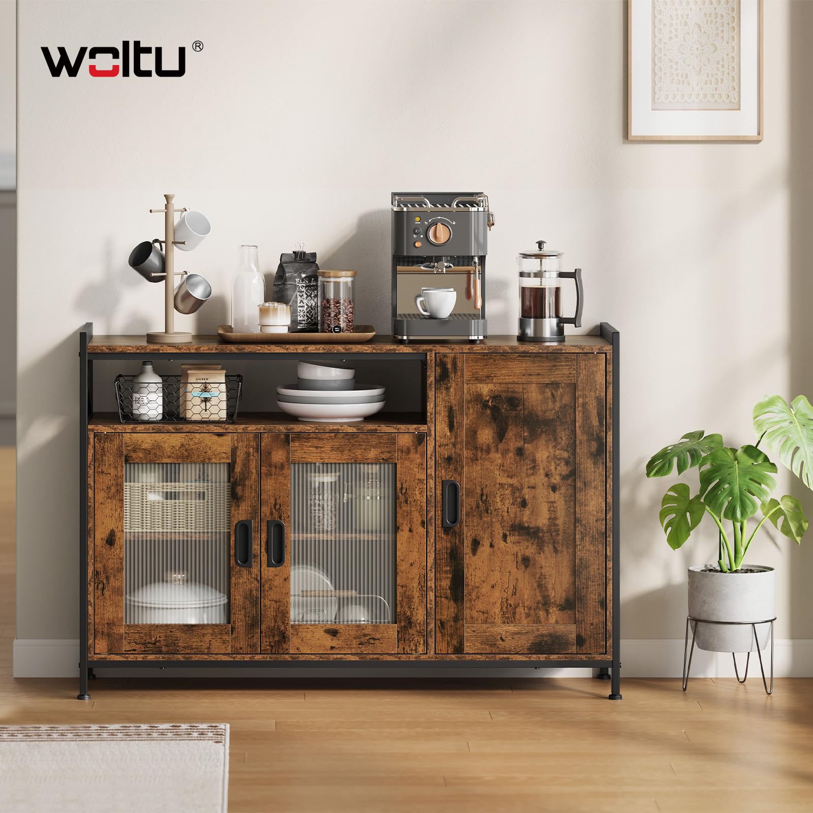 WOLTU Buffet de Cuisine, Meuble de Rangement, avec 3 Portes, Plan de Travail et Compartiment Ouvert, pour Cuisine, Salon, Entrée, 110x33x75 cm, en Bois + Métal, Marron Rustique