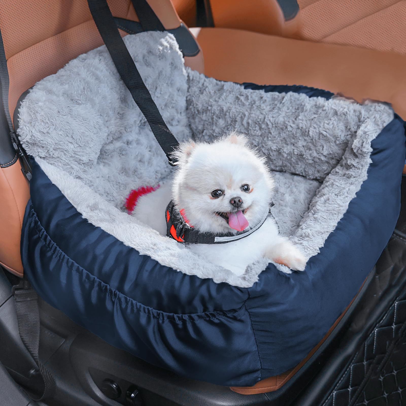Oiilores Dog Car Seat for Small Dogs, Washable Pet Booster Seats for Car with Clip-On Safety Leash, Reversible Puppy Carseat with Storage Pockets, Travel Carrier Bed for Dogs Under 25 lbs, Blue