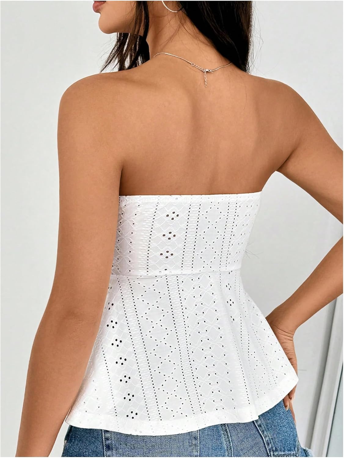 SweatyRocks Women's Eyelet Embroidery Peplum Tops Casual Ruffle Hem Bandeau Tube Top - Image 2