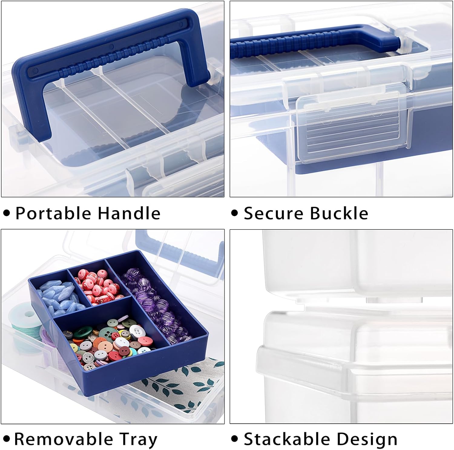 BTSKY Clear Plastic Storage Box with Removable Tray Multipurpose Stationery Storage Box with Handle Handy Sewing Box Art Craft Supply Organizer Home Utility Box (Blue)