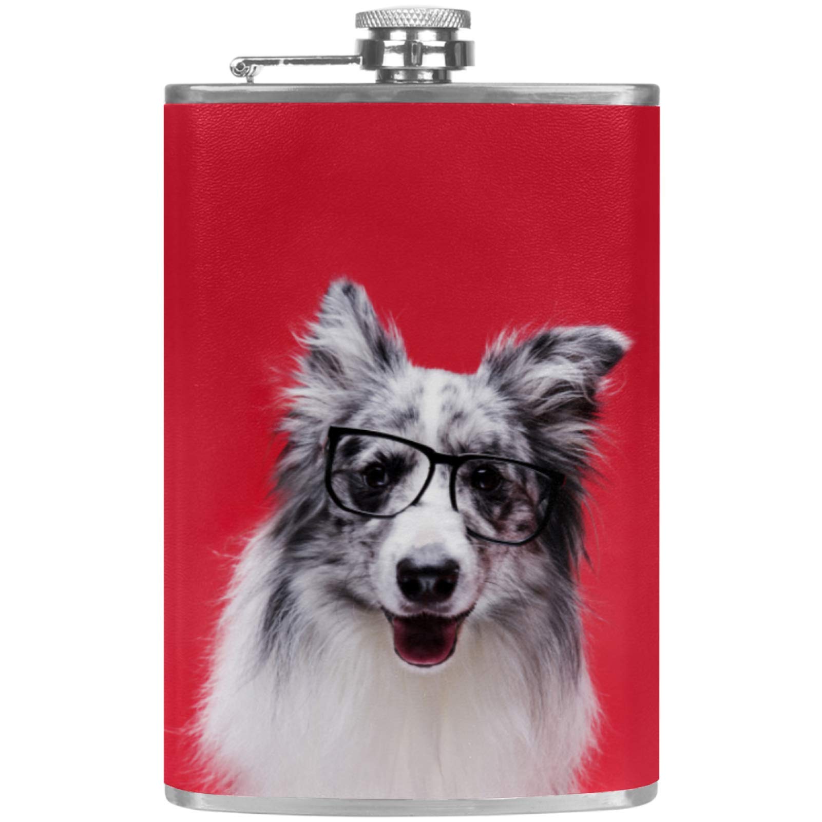Flasque à whisky en cuir avec entonnoir et motif Border Collie