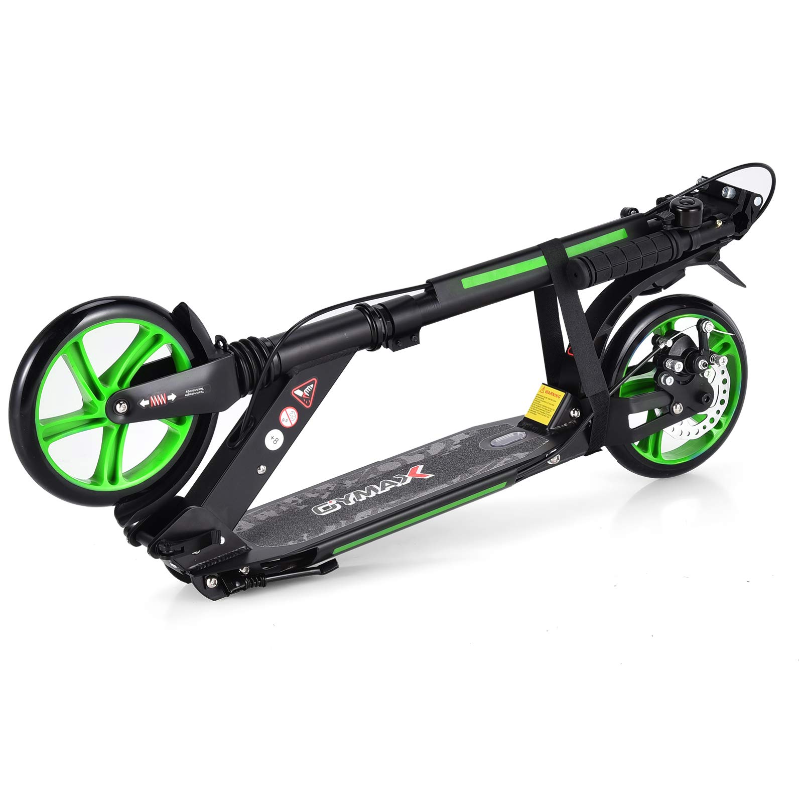 COSTWAY Kickscooter z dzwonkiem i podstawką, hulajnoga z regulacją wysokości, kick scooter składany, hulajnoga miejska obciążalna do 100kg, hulajnoga z pasem nośnym, dla dzieci i dorosłych