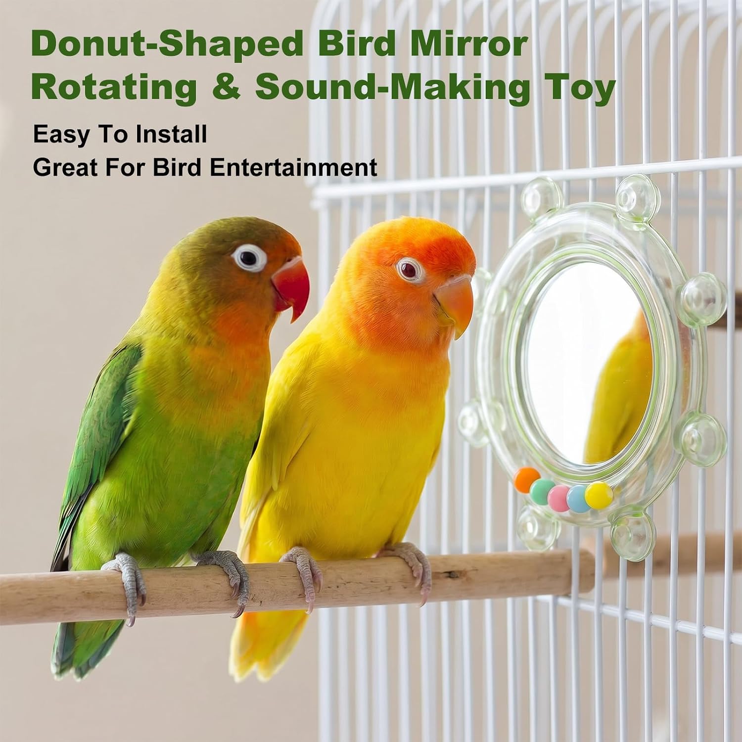 Bird Toys with Bird Mirror for Parakeets, Colorful Parakeet Toys Wheel, Interactive Spinner Rattle Parrot Toy, Chewing Exercise Parakeet Cage Accessories for Cockatiels, Lovebirds, Budgies (Green) image 4