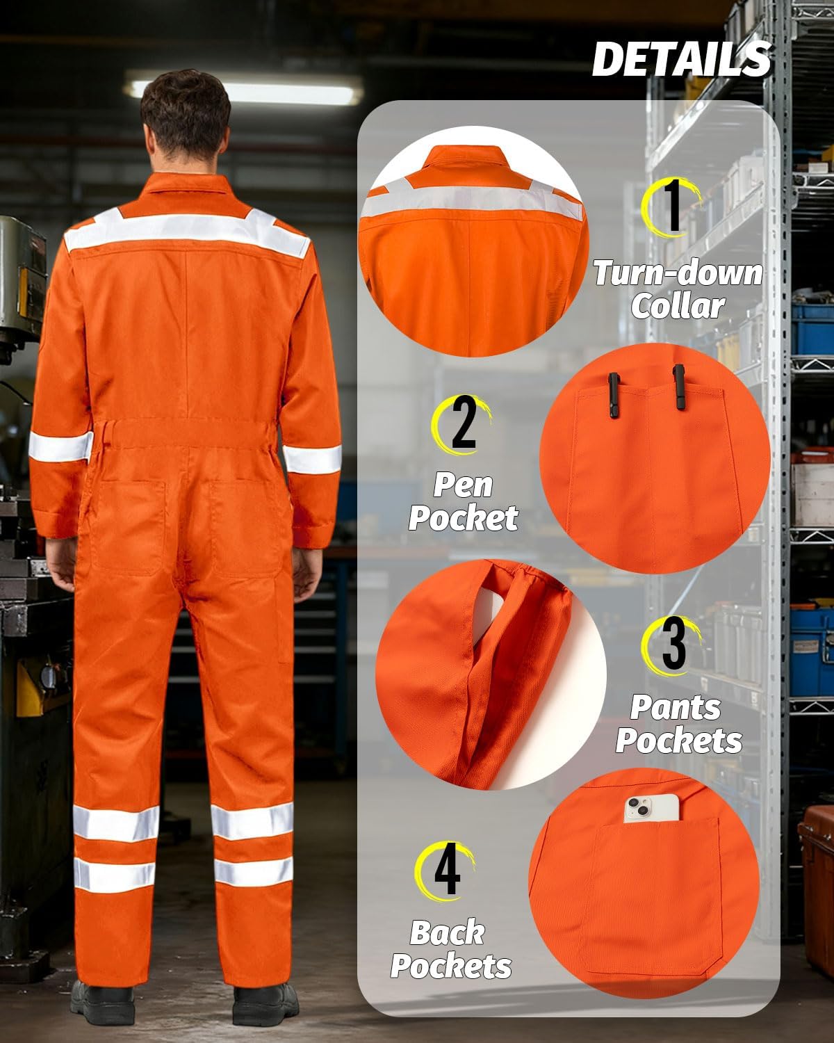 KTWOLEN Mens Work Coveralls High Visibility Overalls Mechanic Jumpsuit Garage Zip Coverall - Image 5