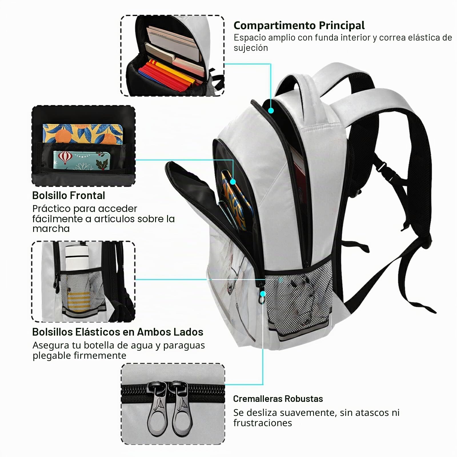 Mochila de caballo blanco para estudiantes, niños y niñas, mochila escolar de viaje, estampado 1, Taille unique