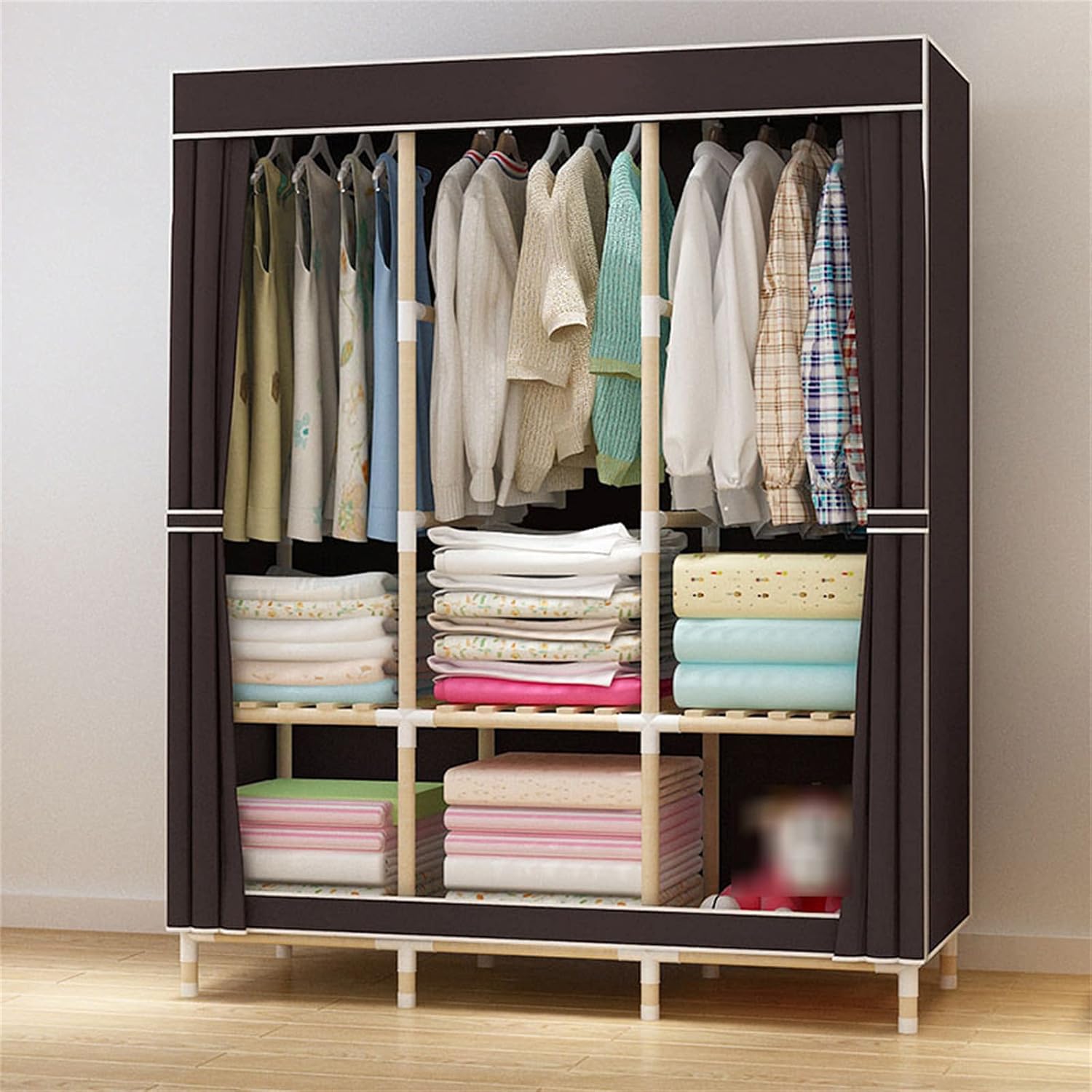 Solid Wood Folding Wardrobe Doors,Portable Assembly Canvas Effect Wardrobe Solid Color Fabric Clothes Storage Rack(Size:126 * 170 * 45CM,Color:A)