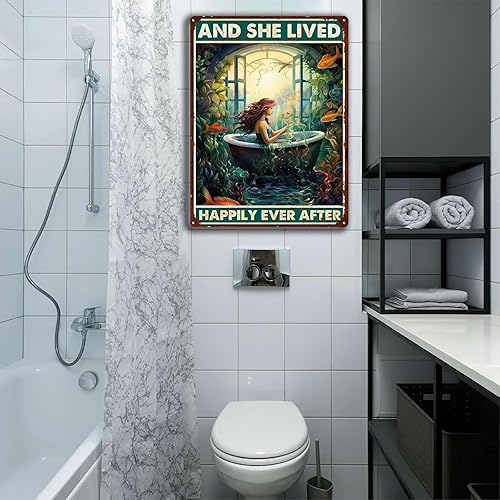 Miniatura 4 de Letrero de metal de estilo retro con diseño de sirena y ella vivió felices para siempre, decoración de pared, 12 x 16 pulgadas