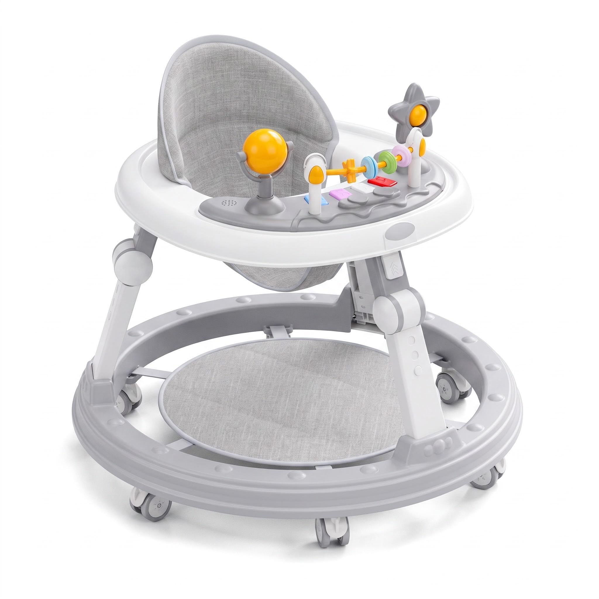 Baby Walker, Foldable Round Shape Walker Height Adjustable Anti-Rollover Push Along Walkers with Music Center,360° Rotatable Seat Baby Walkers with Silent Wheels for Girls Boys Over 6 Months