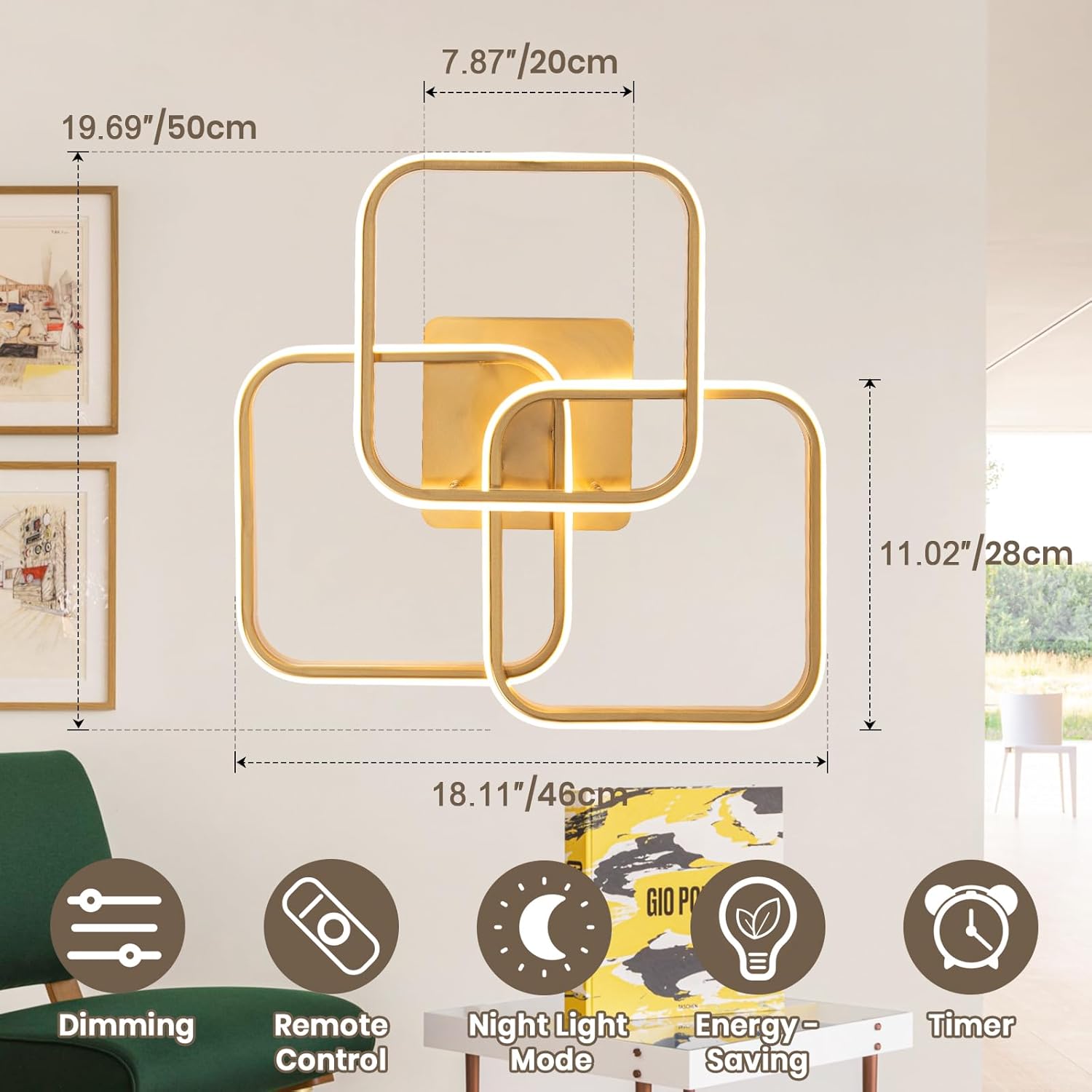 Modern Ceiling Light,Dimmable LED Ceiling Light Fixtures with Remote Control,Square Flush Mount Ceiling Lamp for Living Room Dining Room Bedroom Kitchen (Gold)