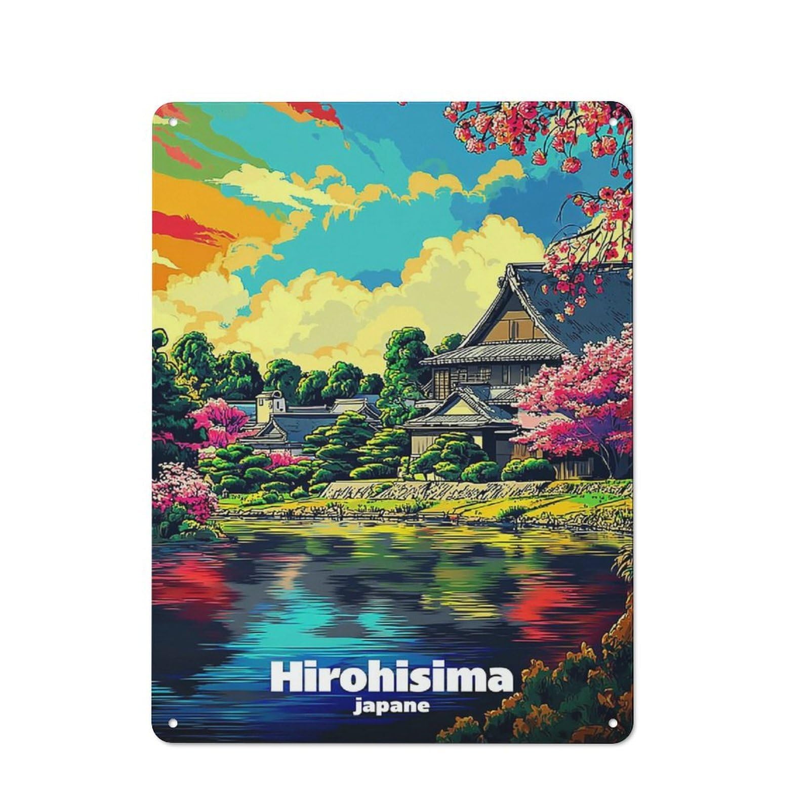 Junmoney Cherry Blossom Reflections In Hiroshima Tin Wall Plaque 40X30cm With For Kitchen Or Home Bar, Suited To Kitchen Decor Lovers