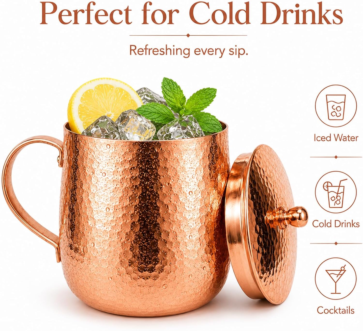20 Oz Pure Copper Mug with Lid for Drinking Water | Solid Real Copper Cup for Coffee