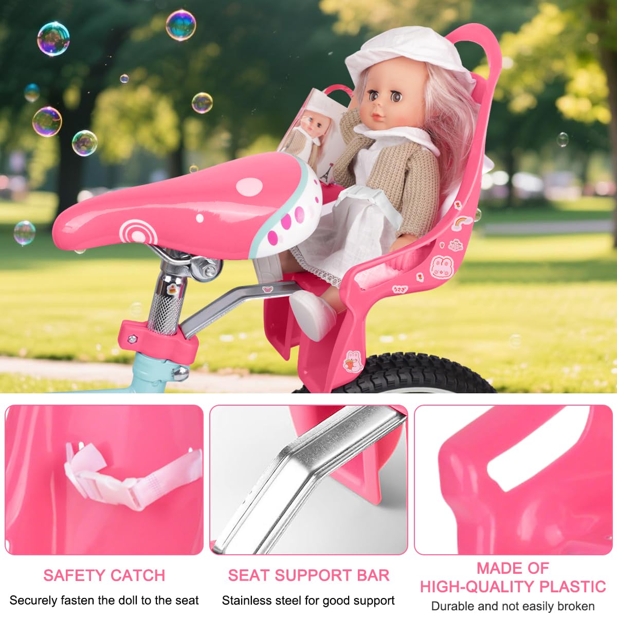 Seggiolino per Bicicletta per Bambole, Set di Sedili per Biciclette di Bambole con Adesivi Fai da Te e Manubrio Stelle Filanti, Accessorio Bicicletta per Bambini