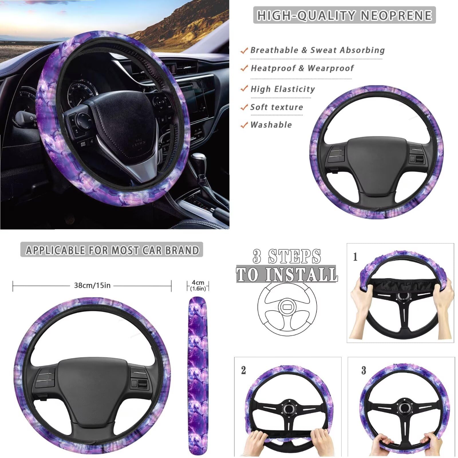 Set di coprisedili per auto con stampa delfino e luna, include coprisedili anteriori e posteriori, coprivolante, bracciolo, cuscinetti per cinture di sicurezza, specchietto retrovisore e