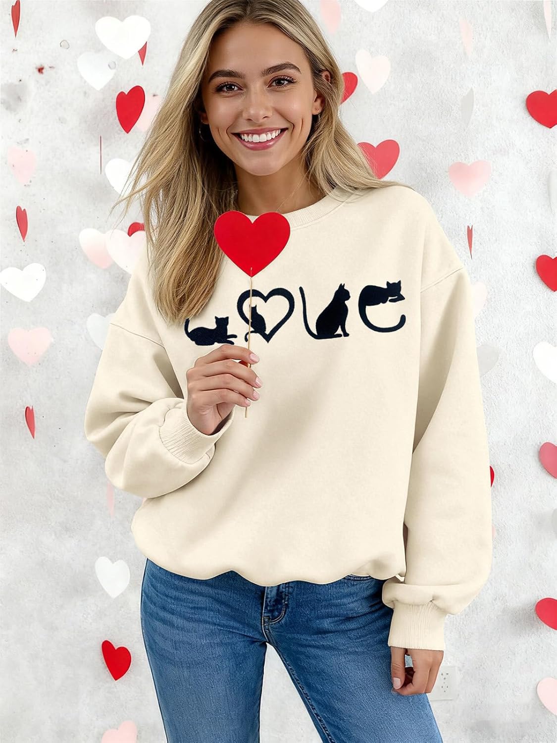 Cat Valentine Sweatshirts for Women Fleece Cute Cat Love Sweatshirt Valentine's Gift Long Sleeve Shirt - Image 4