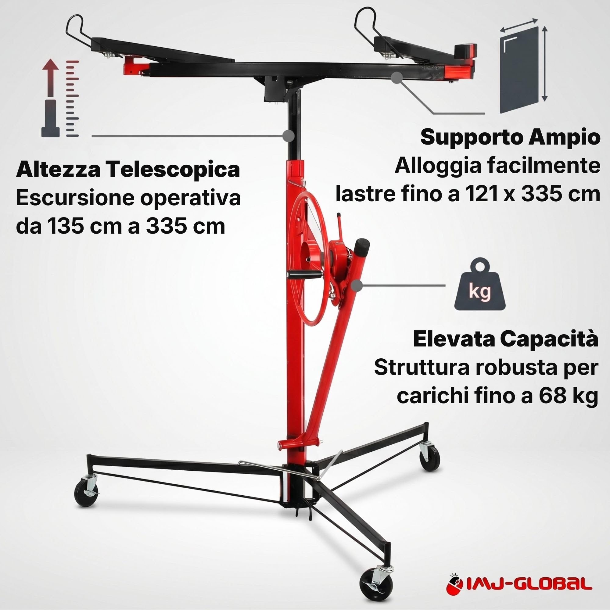 IMJ-Global - Alzalastre per Cartongesso Professionale a Doppia Chiusura, Alza Pannelli Cartongesso con Altezza di Lavoro 135-335cm, Alza Lastre Telescopico con Portata Massima di 68KG