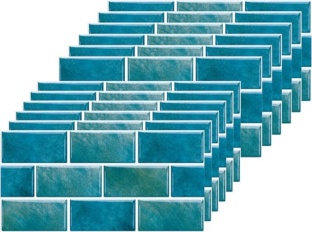 Blue Brick Tile Stickers for Bathroom Kitchen Waterproof Vinyl Stick on Tiles Backsplash Self Adhesives Wall Tile Transfers Peel and Stick Tile Decals for Living Room - 30x15cm (12 Sheets)