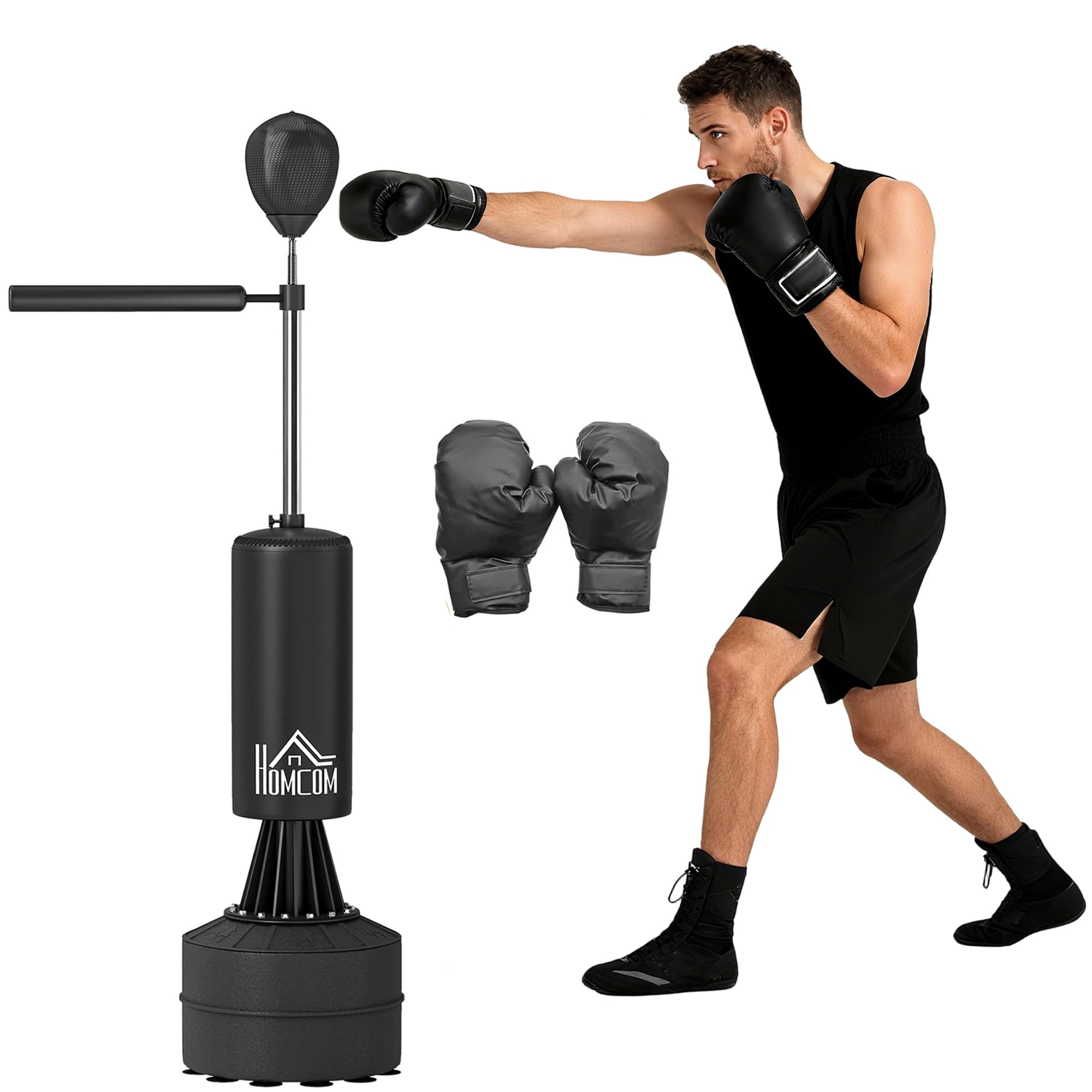 HOMCOM Sac de Frappe sur Pieds Punching Ball brunier 3 en 1 avec Ballon de Vitesse Bras Flexible Rotatif Hauteur réglable revêtement synthétique Base HDPE dim. 88L x 48l x 155-205H cm