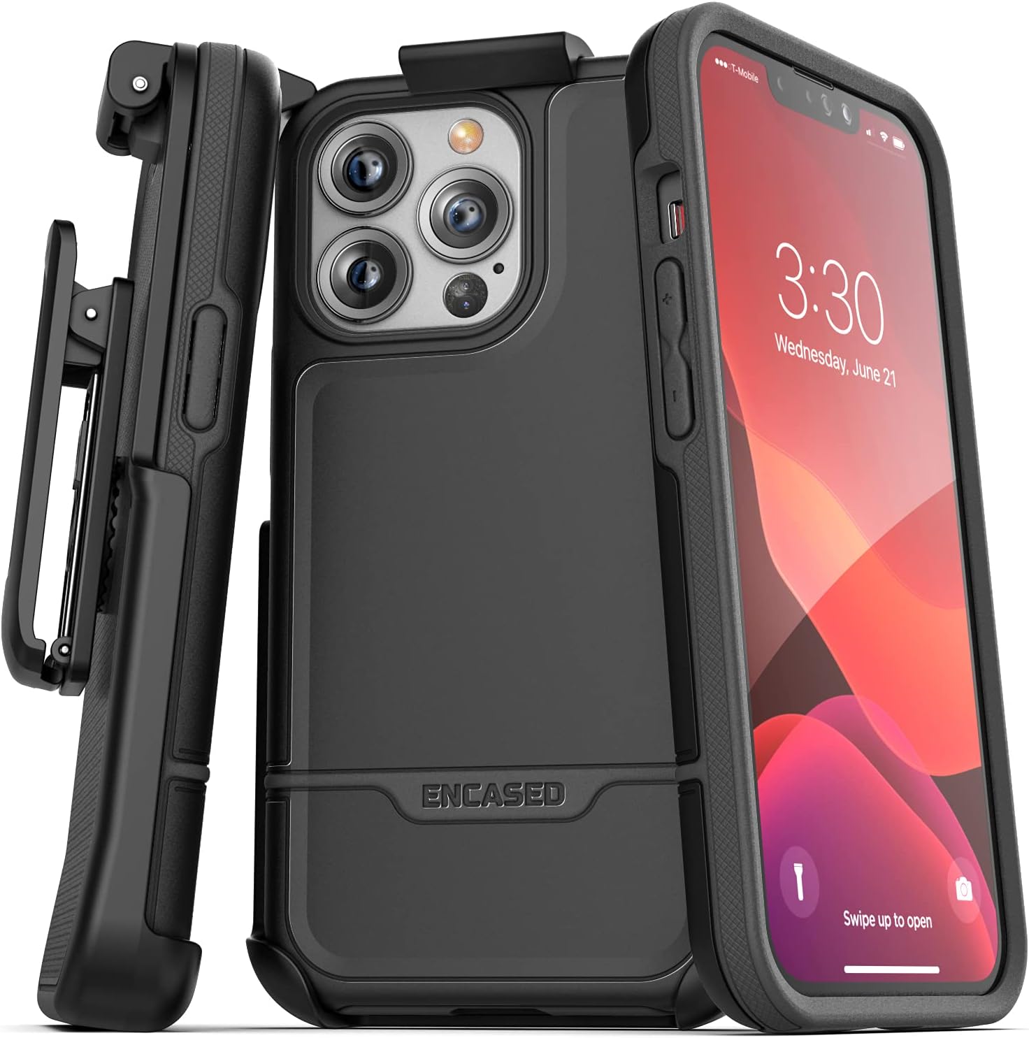 Encased Rebel Designed for iPhone 13 PRO Belt Clip Case (2021) Protective Shockproof Case with Holster (Black)