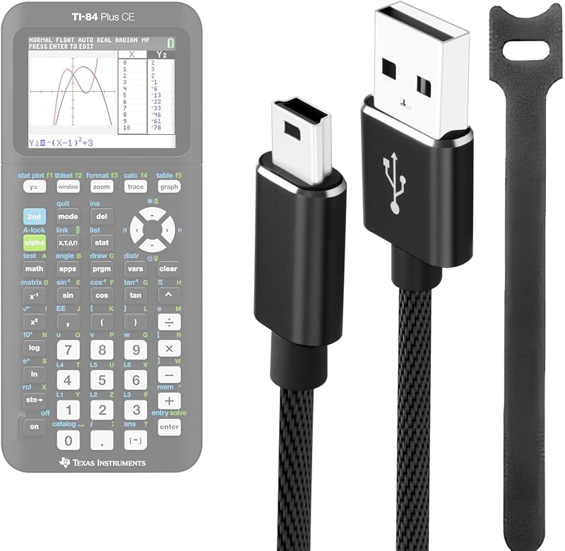 TI-84 Plus CE Charger Cable for TI Calculators, 3FT braided Mini USB Black | TI 84 calculator charger cable for TI-84 Plus CE and TI-Nspire CX II graphing calculators, braided 3.3FT data cord