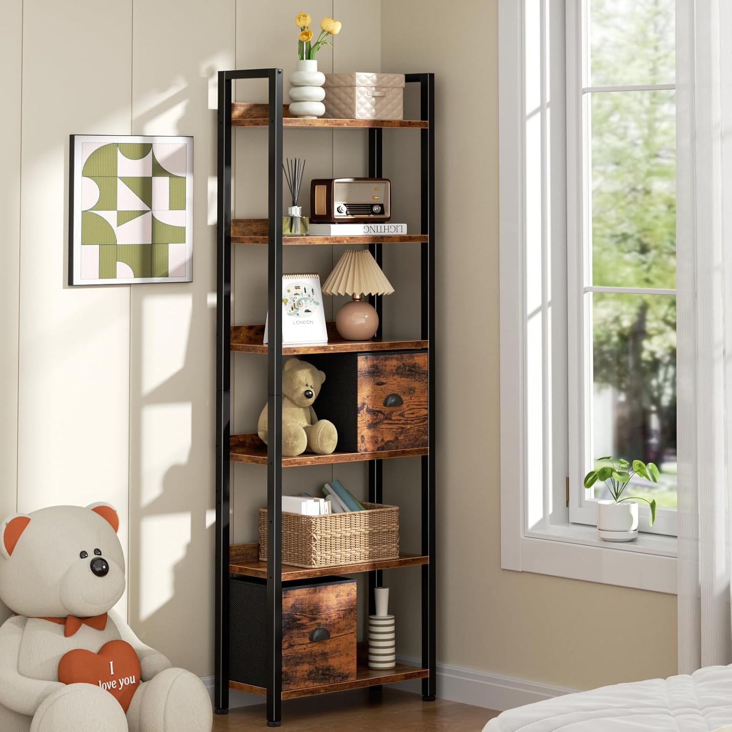 Furologee 6-Tier Bookshelf, Tall 71" Rustic Bookcase with 2 Drawers Storage Organizer, Industrial Display Free Standing Shelf Units, Wood and Metal Storage Rack for Home Office, Bedroom, Rustic Brown | Bookcase, 2 Drawers, Storage Organizer, Industrial, Display, Shelf Units
