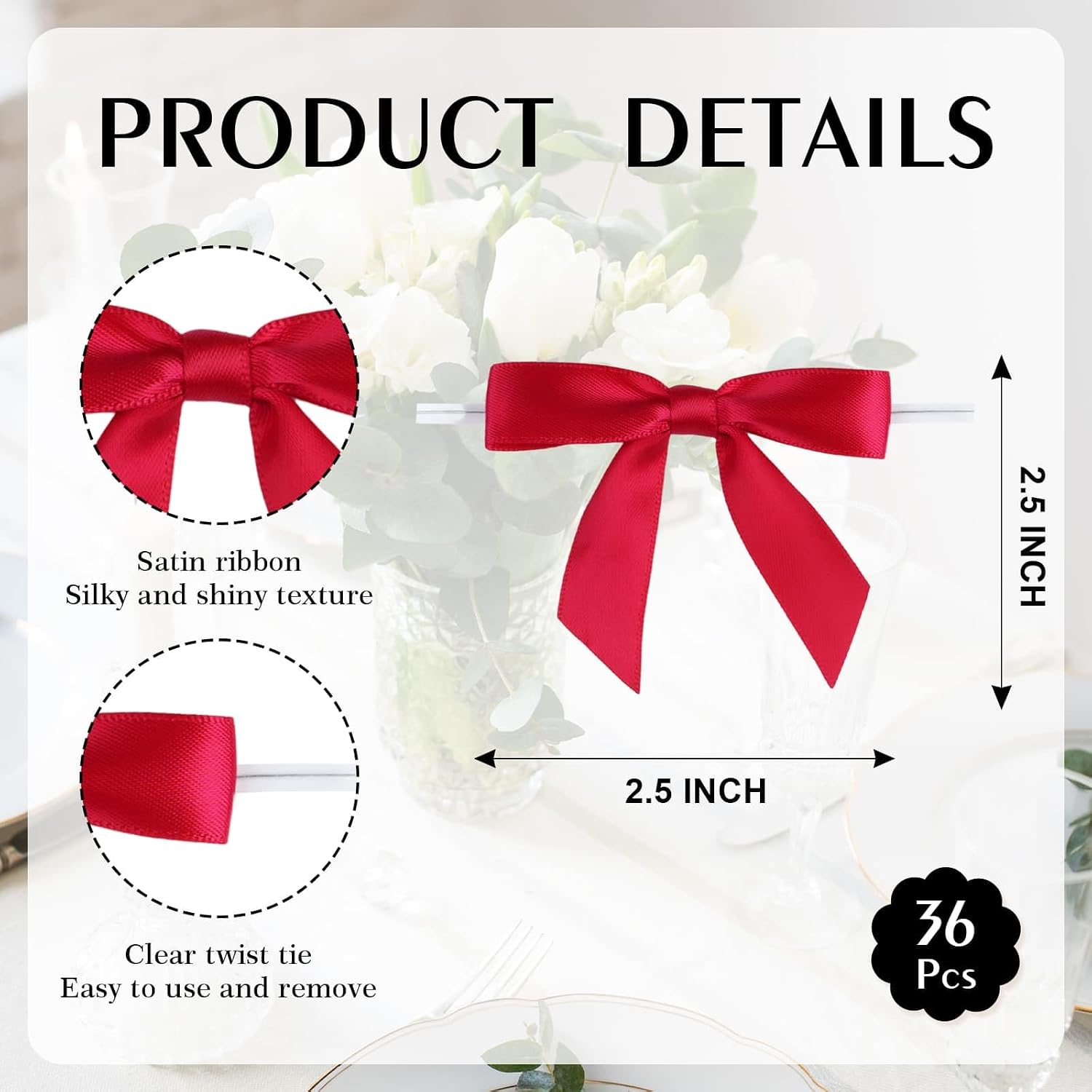 YKW 36 Pack Red Satin Ribbon Bows with Twist Ties 2.5" - Premade Gift Wrapping Bows for Cake Decorating, Treat Bags, Crafts, Baby Shower, Party Favors & Wedding Decor (Red) image 2
