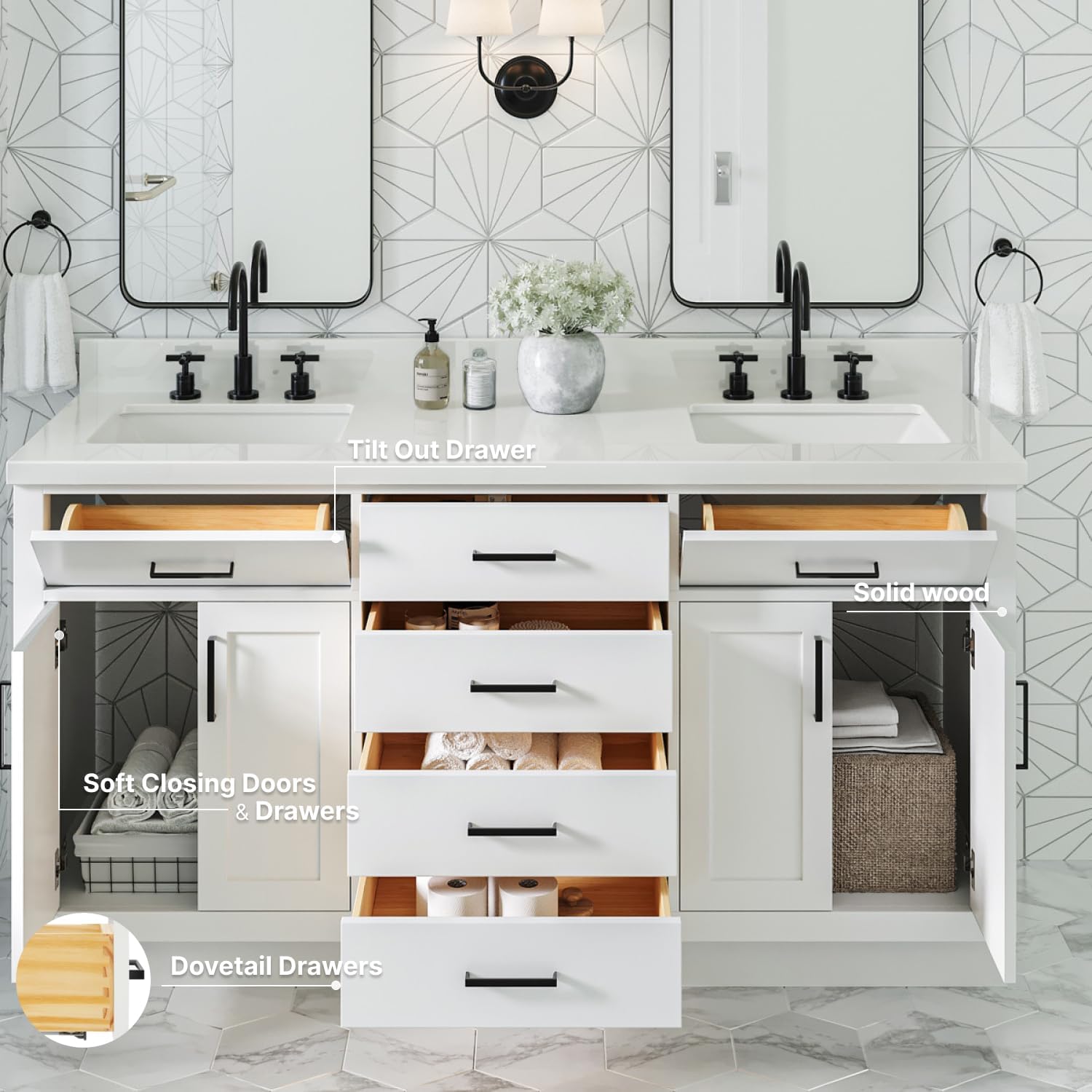 ARIEL Hepburn 66-inch Bathroom Vanity with Sink,Solid Wood, 1.5-inch Pure White Quartz Countertop & Backsplash, Double Rectangular Porcelain Sink, 4 Soft Closing Doors, 6 Dovetail Drawers, White