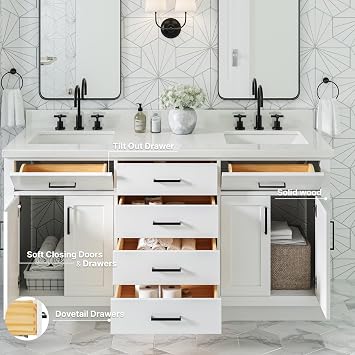 ARIEL Hepburn 66-inch Bathroom Vanity with Sink,Solid Wood, 1.5-inch Pure White Quartz Countertop & Backsplash, Double Rectangular Porcelain Sink, 4 Soft Closing Doors, 6 Dovetail Drawers, White